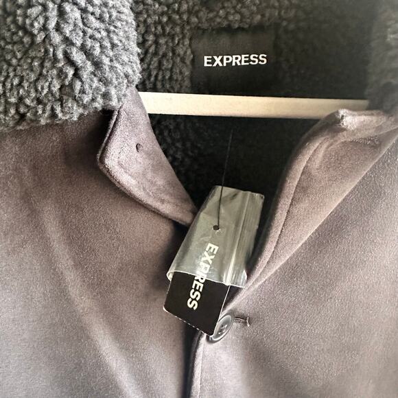 Express Faux Suede Sherpa-Lined Trucker Chore Jacket Charcoal Gray NWT - Picture 7 of 8